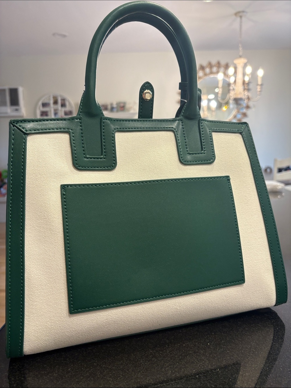 Structured Two-Tone Satchel Bag in Dark Green and Cream